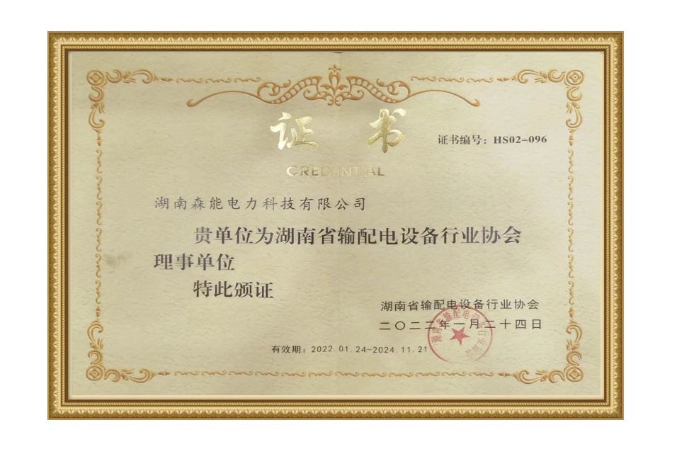 湖(hú)南省輸配電(diàn)設備行業協會理(lǐ)事單位證書